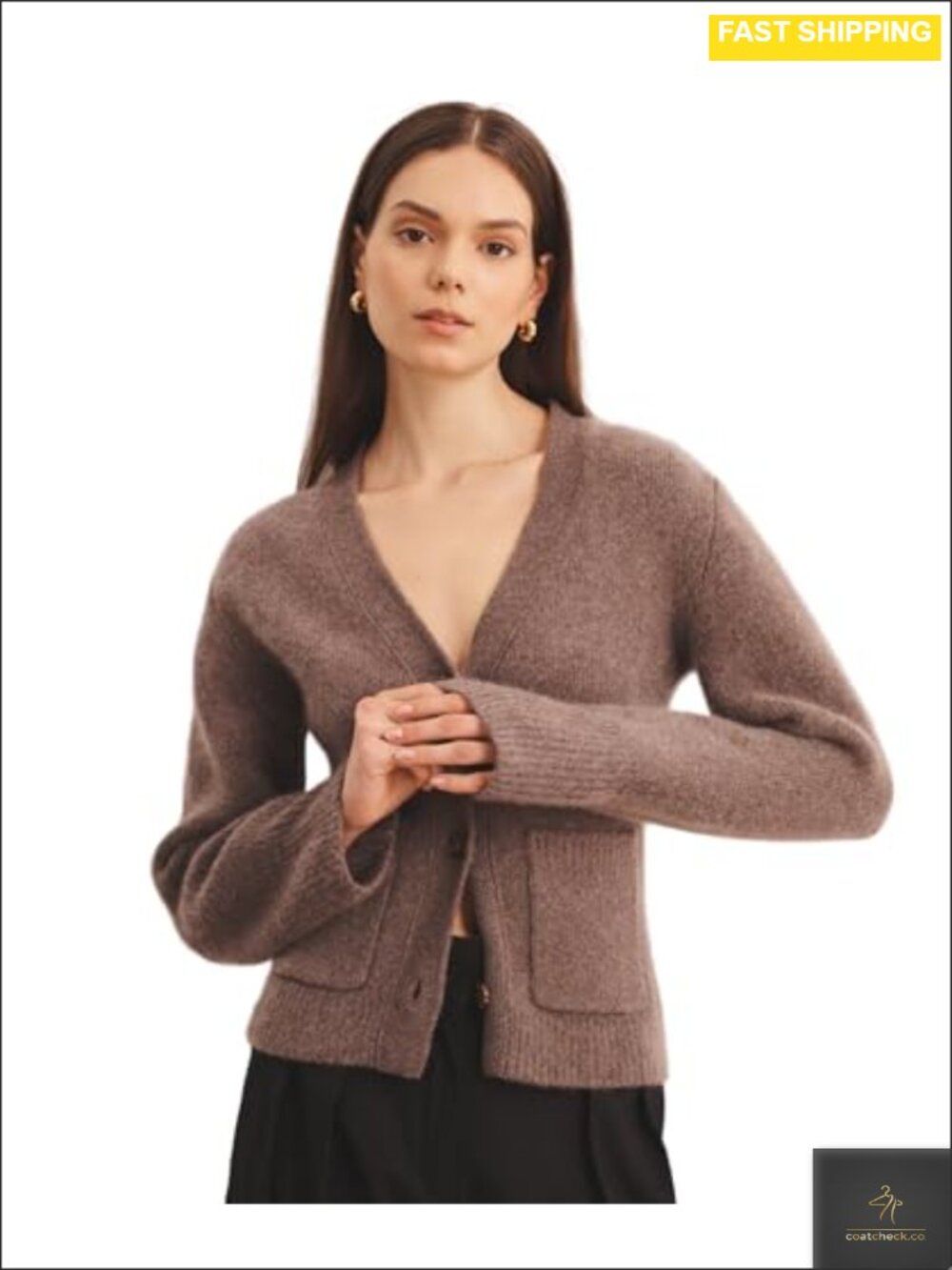 100% Cashmere Slim Fit V-Neck Cardigan Ribbed Accents Front Pockets